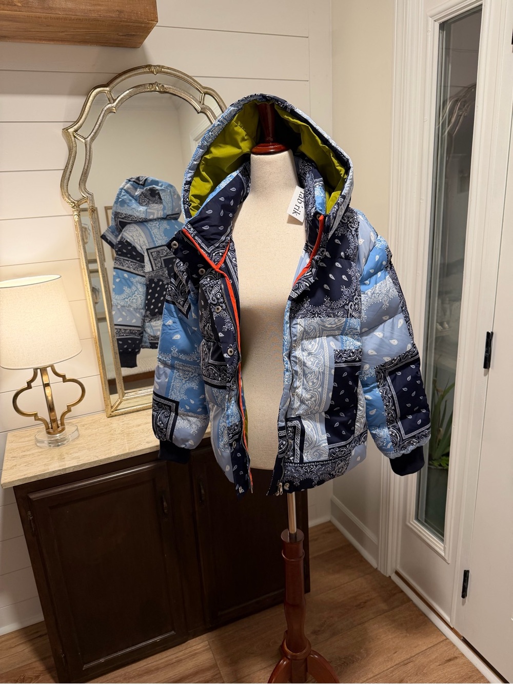 fab'rik Blue Bandana Patchwork Hooded Puffer Jacket